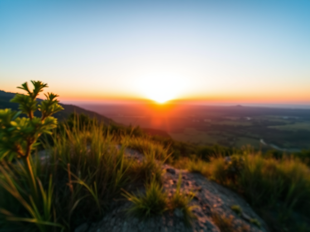 Create a detailed, high-resolution image of a serene landscape at sunrise, wide-angle view, soft focus background, using a DSLR camera with a 24mm lens, aperture f/8, ISO 100, shutter speed 1/125s, and vibrant color saturation.