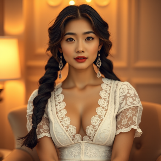 Create a portrait of a refined and elegant Korean woman seated in a sophisticated setting. She has long, wavy hair styled in two thick braids that are pulled over her shoulders. She wears a white, lace gown with intricate patterns, featuring a deep V-neckline and short sleeves. The dress exudes a vintage charm with its delicate lacework. She is adorned with ornate, dangling earrings that add a touch of glamour to her appearance. The background is softly lit, with warm, ambient lighting that creates a cozy and inviting atmosphere. Her expression is poised and serene, capturing a sense of grace and elegance.