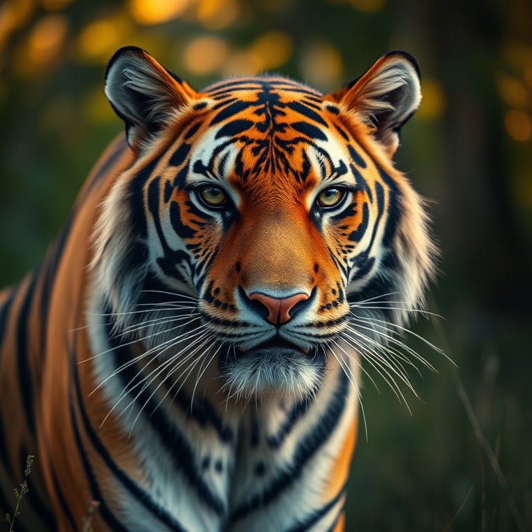 A highly detailed close-up of a majestic tiger in a vibrant natural setting, soft bokeh background, golden hour lighting, 85mm lens, f/1.8 aperture, ISO 100, shot on a full-frame DSLR camera.