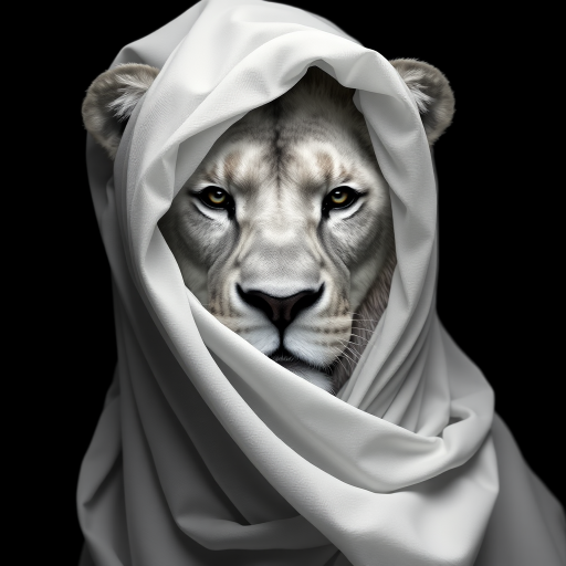A hyper-realistic digital portrait of an lion with fabric draped over its head. The fabric is sheer and lightweight, allowing the contours of the lion’s face to show through, including its ears, eyes, and nose. The texture of the fabric is smooth and flowing, with delicate folds and creases that suggest softness and movement. The lion’s expression is serene and contemplative. The image focuses on the interplay of light and shadow on the fabric and the lion's face, creating a monochromatic palette of whites and grays. The background is a simple, nondescript dark shade to highlight the subject.