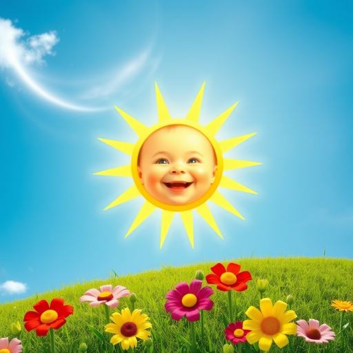 Create an image shows a bright, sun with a smiling baby's face in the center, radiating soft yellow rays. The sun is set against a clear blue sky with a few wispy clouds. Below, there's a lush green grassy hill with colorful, oversized flowers, giving the scene a whimsical, playful atmosphere.