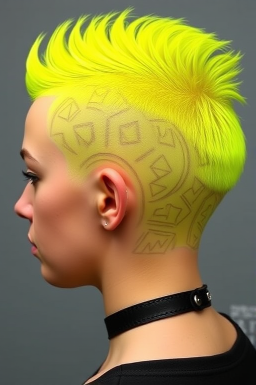 Neon yellow buzz cut with intricate geometric patterns shaved into the sides, called "Electric Hive," featuring a bold, futuristic aesthetic and a high-shine finish