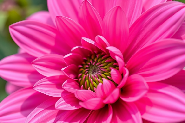 Generate a high-resolution image of a pink flower with layers of petals and a green center, using a macro lens at f/2.8, 50mm, shooting from a 45-degree angle, in soft natural light for smooth details and vibrant colors.