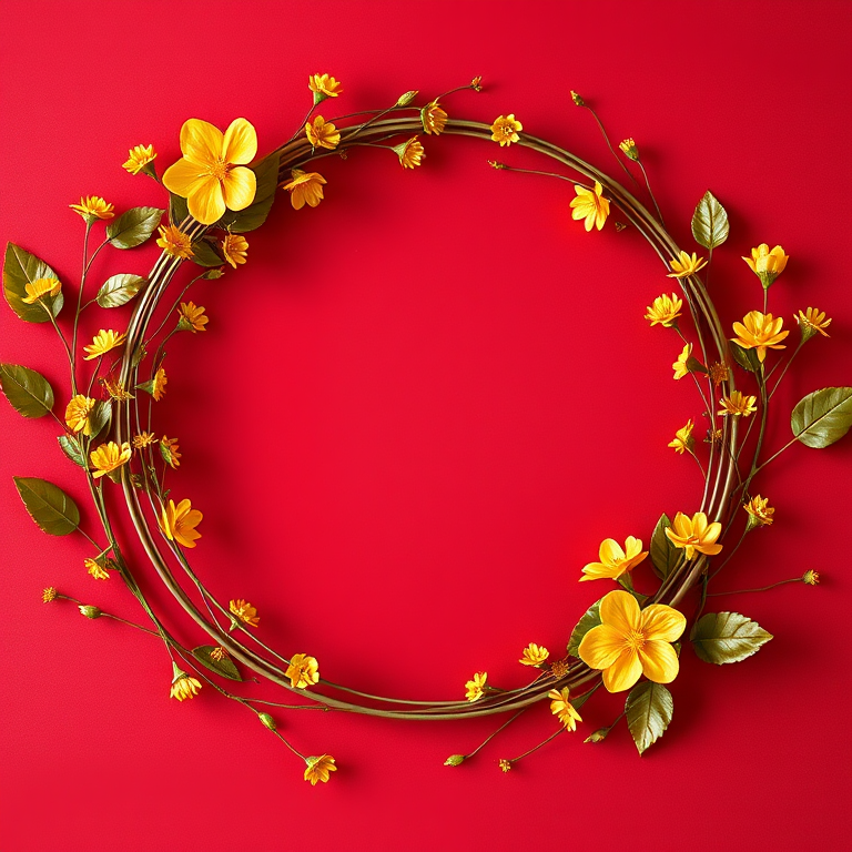 Generate an image of an elegant circular frame adorned with golden flowers and leaves on a rich red background, using a Canon EOS R5 camera, 50mm lens, f/2.8 aperture, ISO 100, in soft natural lighting with a shallow depth of field to enhance details.