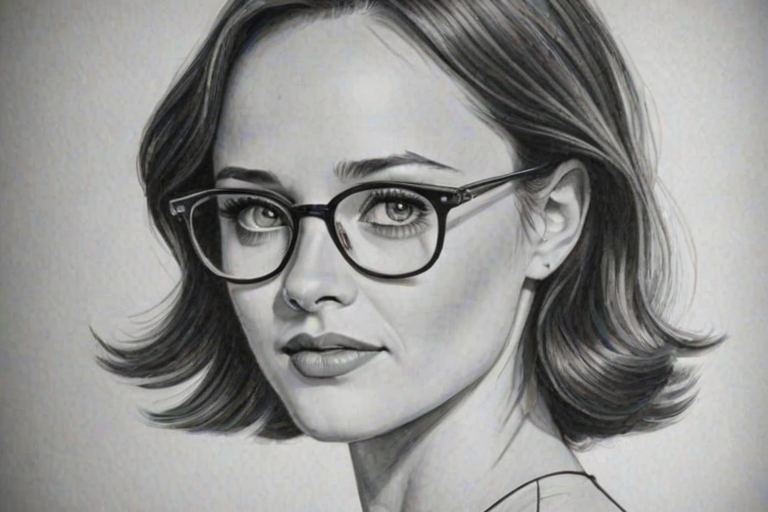Wonderful Alexis Bledel, pencil sketch, portrait of Gorgeous woman 1939s in glasses, hair style beatnik, outline, clear lines, fine lines, 8k