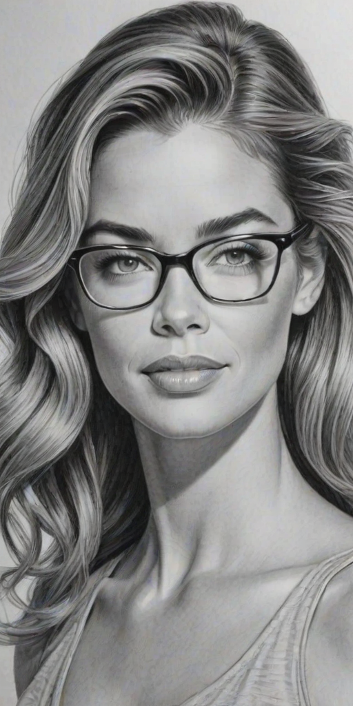 Bewitching Denise Richards, pencil sketch, portrait of Radiant woman 1954s in glasses, hair style beatnik, outline, clear lines, fine lines, 8k