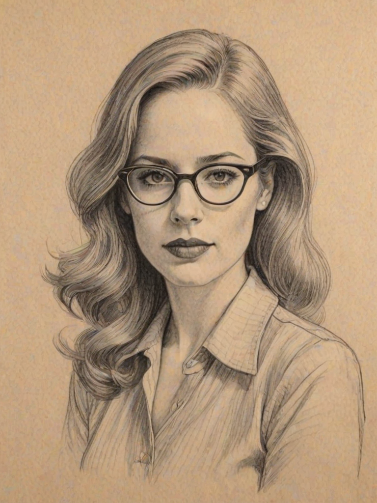 Superb Jaime Ray Newman, pencil sketch, portrait of Superb woman 1938s in glasses, hair style beatnik, outline, clear lines, fine lines, 8k