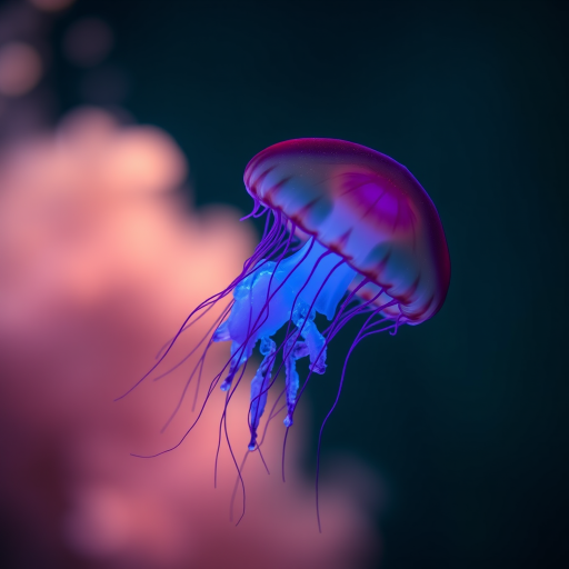 Create an ethereal underwater scene featuring a glowing jellyfish with vibrant blue and purple tentacles, captured with a Canon EOS R5, 85mm lens, f/1.4 aperture, ISO 200, and a soft focus bokeh background to enhance the jellyfish's luminescence.