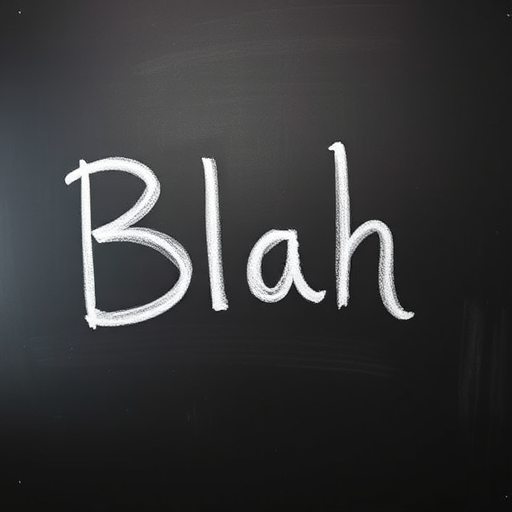 Create an image of a black chalkboard with the word "Blah" written in white chalk, using a DSLR camera with a 50mm lens, aperture set to f/1.8 for a shallow depth of field, shot in soft natural lighting from the left side, and capture it in high resolution.