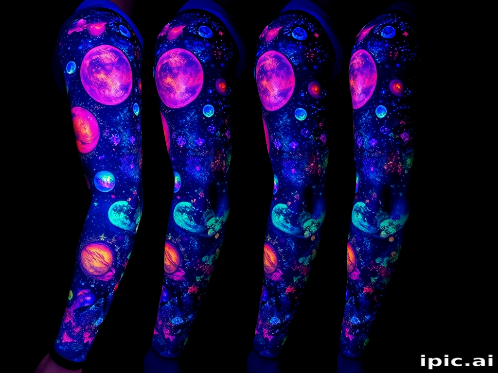 Mesmerizing full-sleeve body tattoo depicting a cosmic galaxy scene with realistic planets and stars in vivid ultraviolet ink, glowing under blacklight for an otherworldly effect