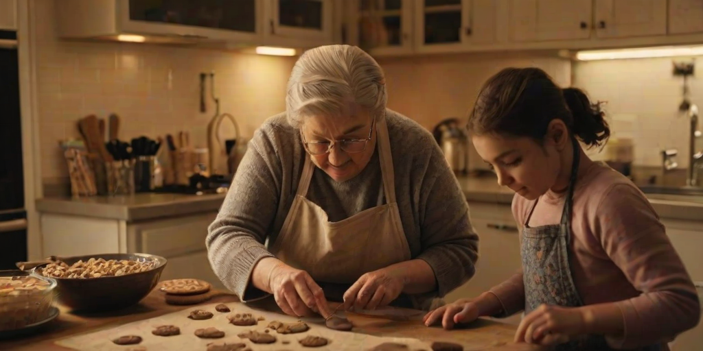 Warm, intimate image of a grandmother and granddaughter baking cookies in a cozy kitchen, soft glow from the oven casting warm shadows, with the smell of chocolate chip cookies filling the air.