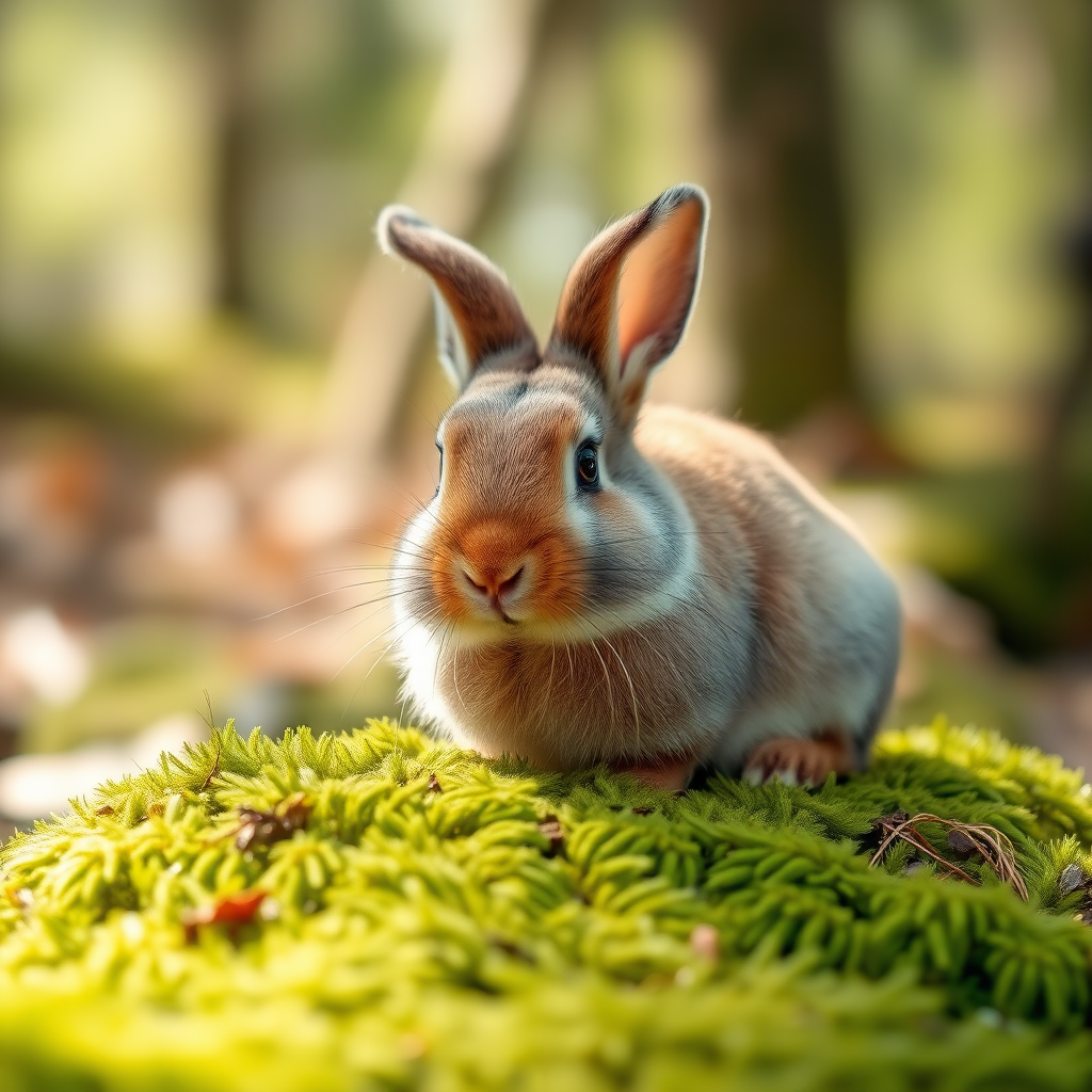 A cute rabbit with fluffy fur sitting on moss in a forest setting, soft natural lighting, shallow depth of field, 50mm lens, f/1.8 aperture, ISO 200, DSLR camera, vibrant colors and sharp details.