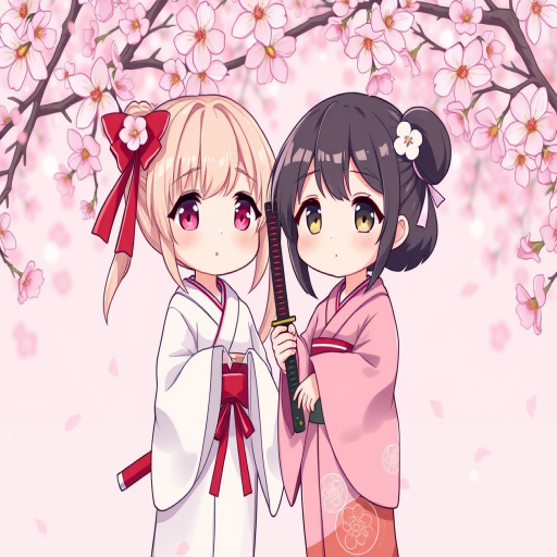 A vibrant digital illustration of two cute, chibi-style Japanese girls in traditional kimono, one holding a katana, standing under cherry blossoms with a soft pink background, captured with a Canon EOS R5, 50mm f/1.2 lens, aperture f/2.8, high saturation, and soft focus for a dreamy effect.
