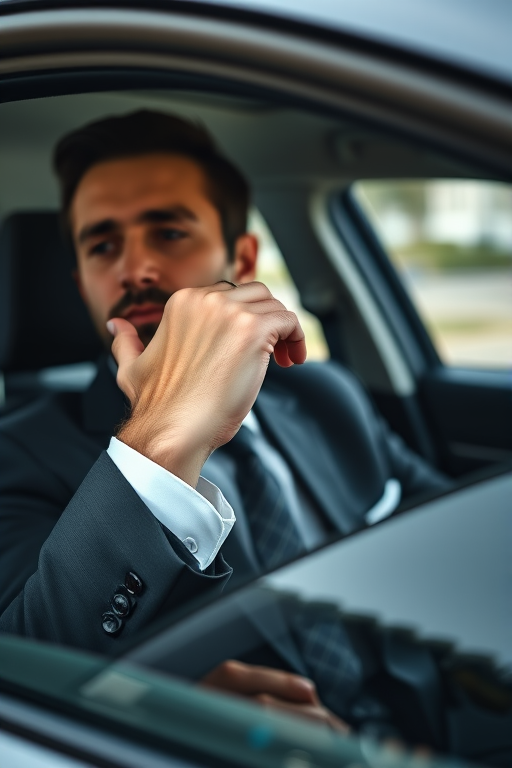 A well-dressed person in a car, focusing on the hand reaching for the door handle, taken with a Canon EOS R5, 50mm lens, f/2.8 aperture, ISO 200, natural lighting, moderate contrast, shallow depth of field.