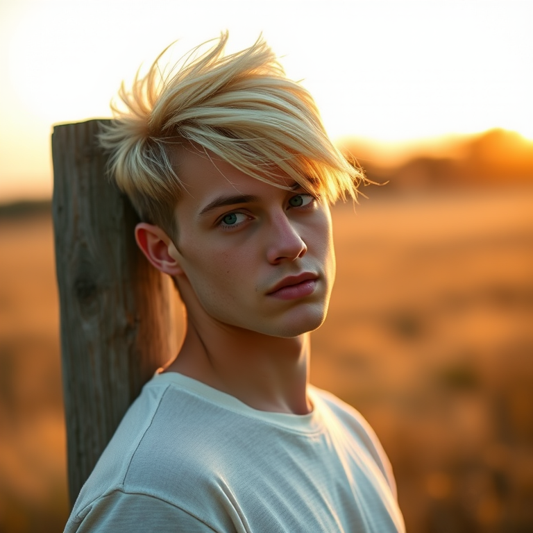 portrait of a young man with stylish blonde hair standing against a wooden post in a field during golden hour, shallow depth of field, ISO 100, f/2.8, 85mm lens, soft natural lighting, DSLR camera