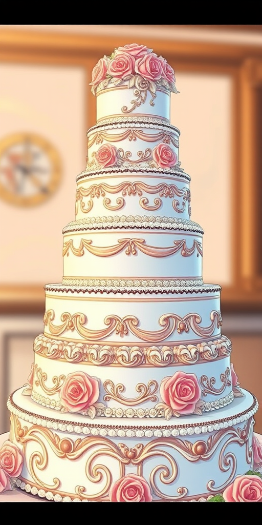 Regenerate a detailed illustration of a multi-tiered wedding cake with intricate decorations, soft focus, ISO 100, aperture f/2.8, shutter speed 1/60 sec, taken from a slight upward angle, using a DSLR camera with a macro lens for enhanced detail and clarity.