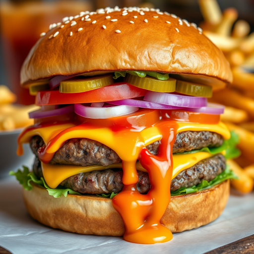 High-resolution, close-up image of a gourmet double cheeseburger. The burger features a glossy, sesame-seed-topped brioche bun. Inside, there are two thick, juicy beef patties, each topped with melted cheddar cheese. The burger is garnished with fresh lettuce, tomato slices, diced onions, and pickles. A generous amount of ketchup and a creamy, orange-colored sauce is dripping down the sides, adding to the mouth-watering appeal. In the background, there are blurred elements including a side of golden French fries and a hint of a beverage, enhancing the overall presentation of a delicious meal.