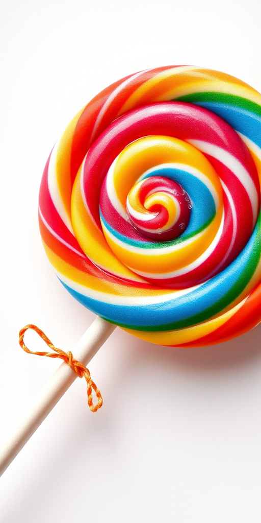 regenerate an illustration of a colorful lollipop with a swirled design, use a Canon EOS 5D Mark IV, 50mm lens, f/1.8 aperture, ISO 100, shot from a slight low angle against a white background, in vibrant colors with high contrast and sharp details