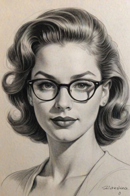 Enticing Zoe Laverne, pencil sketch, portrait of Pleasing woman 1948s in glasses, hair style beatnik, outline, clear lines, fine lines, 8k
