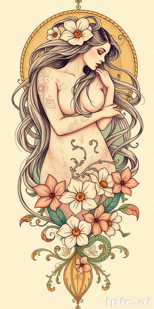 Elegant Art Nouveau tattoo named "Mucha's Muse" inspired by the flowing lines and natural motifs of the iconic art movement. Graceful female figures with long, flowing hair intertwine with delicate flowers and swirling patterns. A soft, muted color palette of pastels and gold accents enhances the romantic, dreamlike quality of the design.