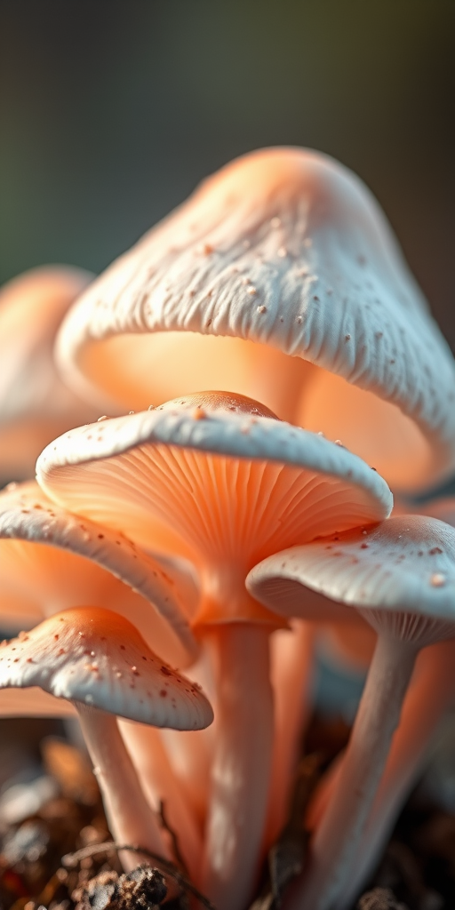 Create an illustration of ethereal mushrooms with smooth curves and soft shading, captured in a macro view using a DSLR camera with an aperture of f/2.8, ISO 100, and a 50mm lens to emphasize detail and enhance color vibrancy.
