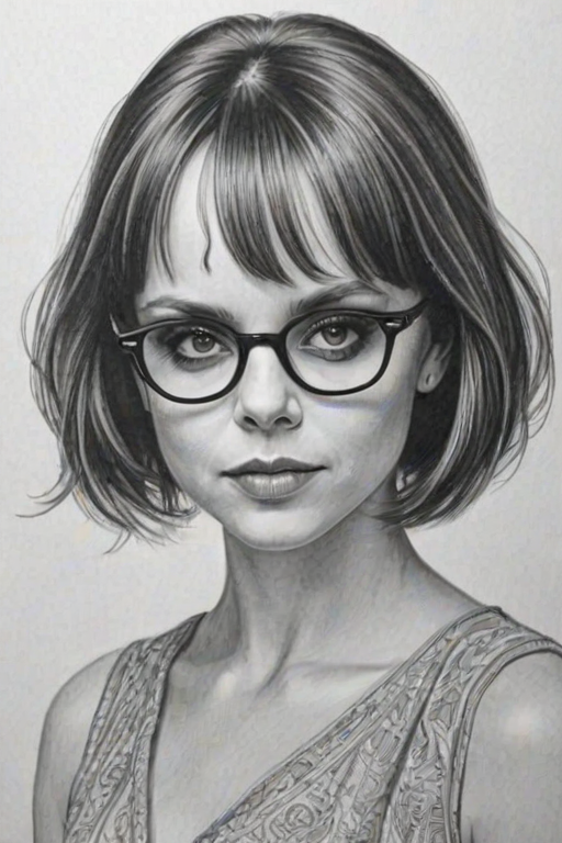 Lovely Christina Ricci, pencil sketch, portrait of Pleasing woman 1979s in glasses, hair style beatnik, outline, clear lines, fine lines, 8k