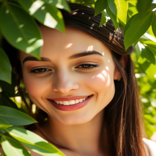 Close-up of a woman’s face adorned with natural makeup, smiling softly against a backdrop of lush greenery, with sunlight filtering through the leaves highlighting her features.