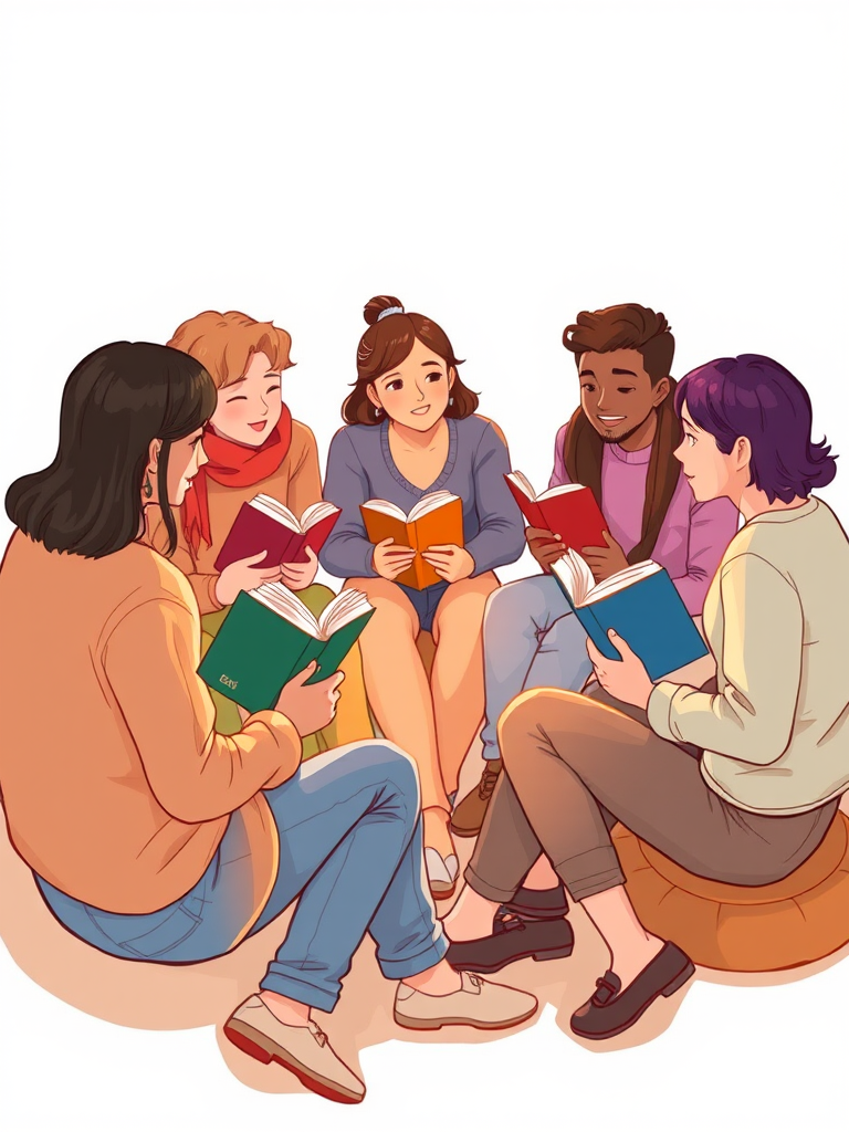 Create an illustration of a diverse group of six people sitting in a circle, each holding a book, engaging in conversation, with a warm and inviting atmosphere, using a high-resolution digital art style, soft lighting, focal length of 50mm, aperture set at f/2.8 for a shallow depth of field, emphasizing expressions and details.