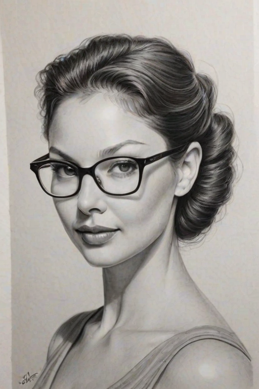 Magnificent Ashley Judd, pencil sketch, portrait of Graceful woman 1945s in glasses, hair style beatnik, outline, clear lines, fine lines, 8k