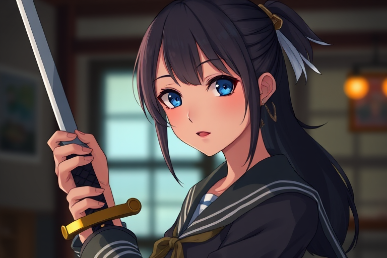 Regenerate a high-resolution image of a young female character wearing a vintage military-inspired outfit with a sailor collar, holding a sword, styled in an anime fashion, shot with a Canon EOS R5 camera at f/1.8, ISO 100, 50mm lens, in soft studio lighting for enhanced detail and contrast.