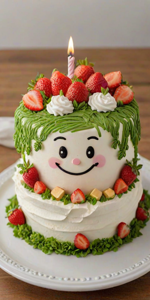 Create an image of a cheerful birthday cake with two layers. The cake is decorated with whipped cream, fresh strawberries on top, and a single candle. It has a cute smiling face drawn on the front and is placed on a decorative plate. Surround the cake with some strawberries and greenery for a festive look.