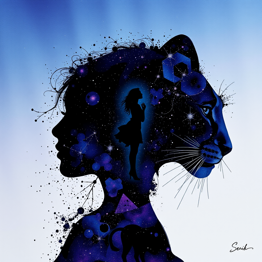 Captivating conceptual render alcohol ink art, double exposure, the paint strokes artfully merge combining a woman's full silhouette with a Sprightly serval's silhouette. The figures are composed of a series of colored dots, lines & spots that evoke the image of a cosmic galaxy, colors are deep shades of blue purple & black with flashes of white & silver representing distant stars. The woman's silhouette is formed within the lion's silhouette from constellations of scattered stars, surreal