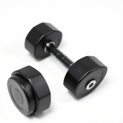 Regenerate a high-resolution image of a black dumbbell on a plain white background, using a DSLR camera with a 50mm lens, aperture set to f/2.8, ISO 100, and a shallow depth of field to enhance the focus on the dumbbell, with soft lighting and a slight shadow for depth.