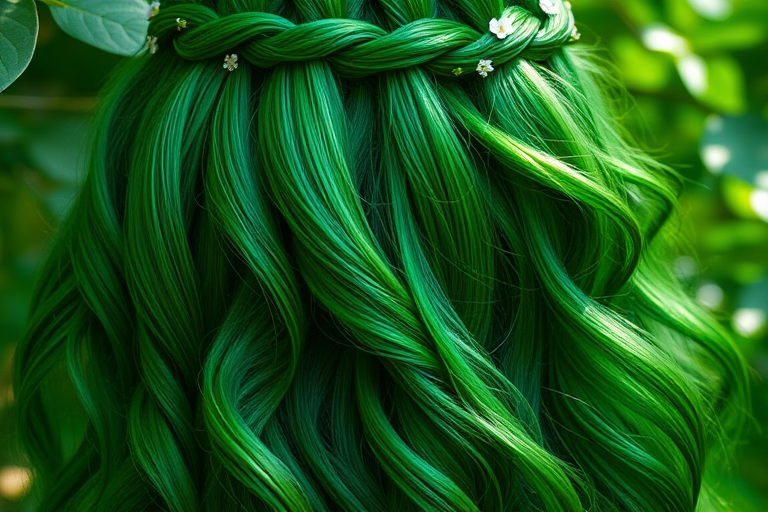 Lush emerald green hair cascades down in glossy, mermaid-like waves, creating the enchanting "Forest Nymph" style. Subtle lighter green highlights mimic dappled sunlight filtering through leaves, while small, delicate flowers are woven throughout the hair. A waterfall braid crowns the head, adding an ethereal touch to this nature-inspired look.