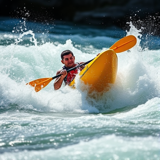 Create a high-resolution illustration of a kayaker in a yellow kayak splashing through white water rapids, using a Canon EOS R5 camera with a 24-70mm f/2.8 lens at ISO 100, f/4, and a shutter speed of 1/500s, captured from a low angle to emphasize motion and dynamic splashes.