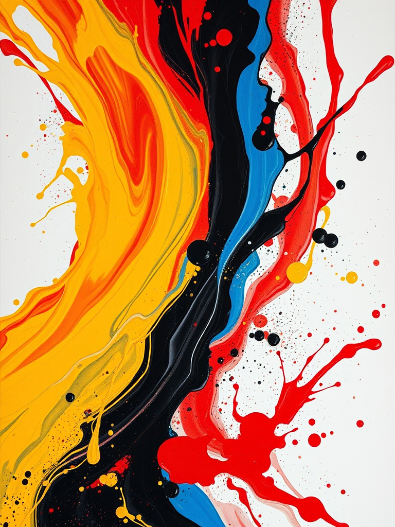 Create a high-resolution abstract painting featuring swirling colors of red, yellow, blue, and black with vibrant splashes and a dynamic composition; use a Canon EOS R5 with a 24-70mm f/2.8 lens at ISO 100, aperture f/8, and a shutter speed of 1/60s, capturing a slightly upward angle for depth and texture enhancement.