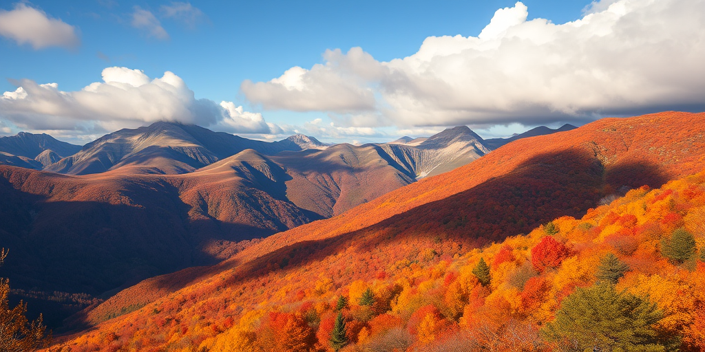 regenerate a vibrant landscape image of autumn mountains with orange and yellow foliage, clear blue sky with fluffy white clouds, shot with a Canon EOS R5, 24mm lens, f/8 aperture, ISO 200, 1/250 sec shutter speed, capturing a wide-angle view for enhanced detail and depth