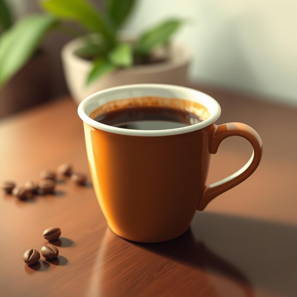 Create a high-resolution digital illustration of a coffee cup viewed from a slightly elevated angle, utilizing a soft-focus effect to enhance depth, using a DSLR camera with a 50mm lens at f/1.8, ISO 100, and a shutter speed of 1/200s.