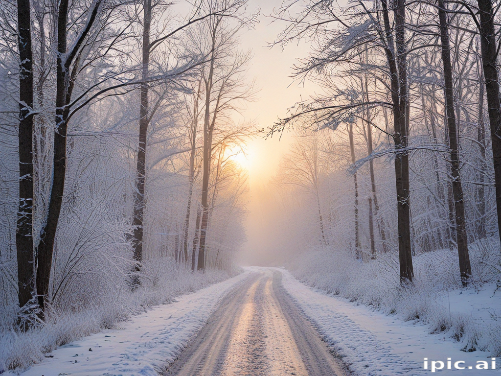 Serene Winter Landscape with Snow-Covered Trees and Soft Sunrise Glow
