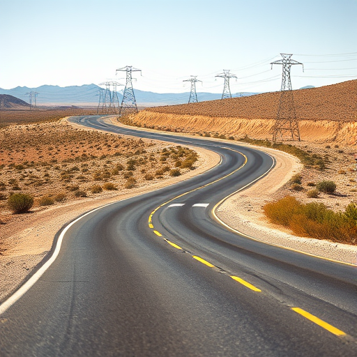 A winding road through a desert landscape with power lines in the background, captured with a DSLR camera at f/8, ISO 100, 1/250 sec, in a wide-angle view, using natural lighting for enhanced clarity and detail.