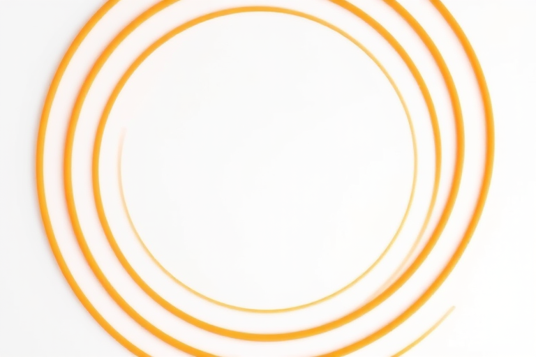 Design an abstract image of concentric orange waves emanating from a central point on a clean white background, using a DSLR camera with a 50mm lens at f/2.8, ISO 200, and a 1/250s shutter speed for enhanced clarity and depth.