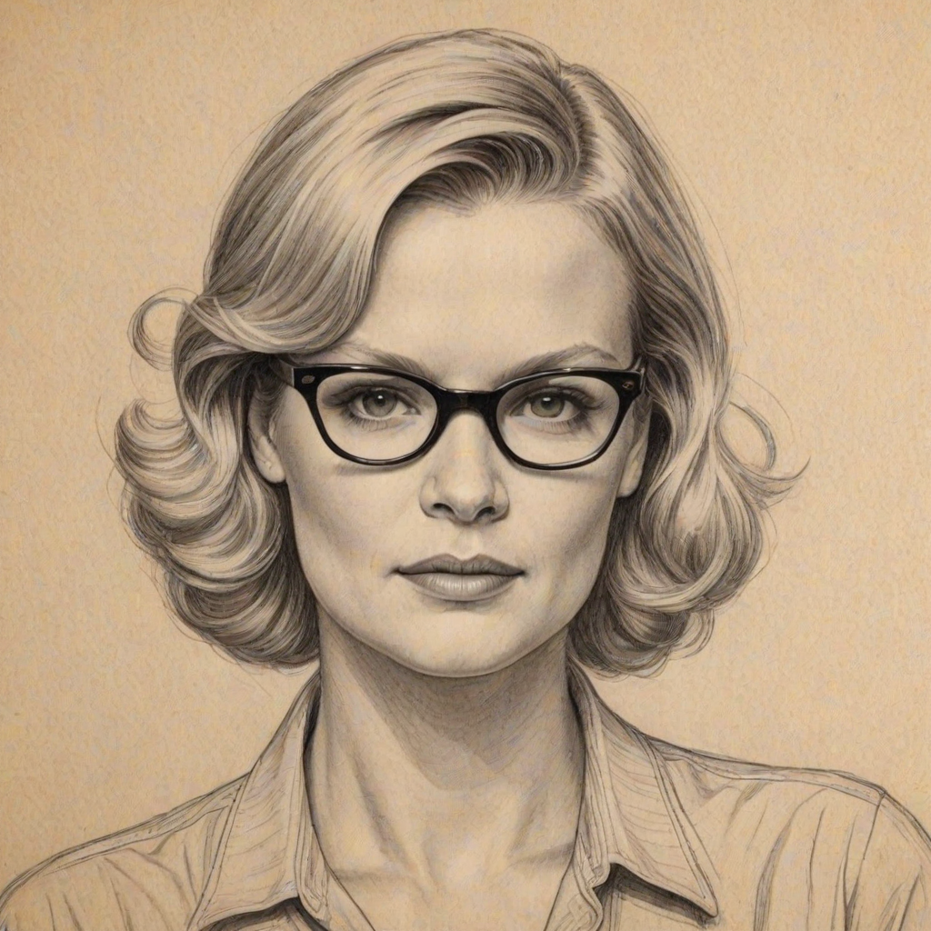 Captivating Martha Plimpton, pencil sketch, portrait of Bewitching woman 1944s in glasses, hair style beatnik, outline, clear lines, fine lines, 8k