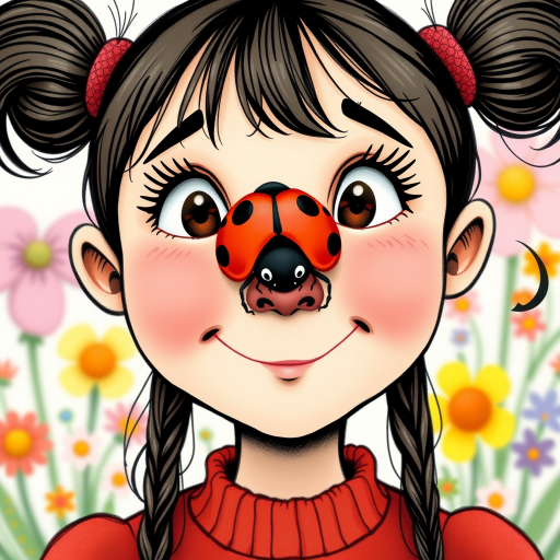 whimsical comical cartoon art Quentin Blake style, closeup portrait view of a cute girl with two ponytails in her hair, an adorable ladybug sits on her nose, funny children’s book illustration with bright colors and flowers in the background