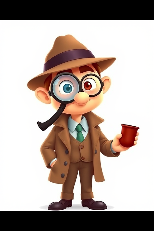 Create a cartoon detective character with a magnifying glass and a pipe, wearing a brown suit and a hat, set against a simple white background, taken with a DSLR camera at f/2.8 aperture, 50mm lens, natural lighting, and a shallow depth of field for enhanced focus and quality.