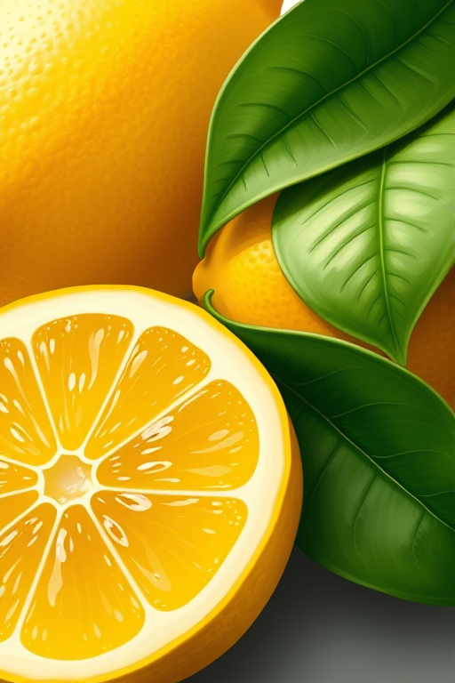 A detailed and vibrant digital illustration of a fresh lemon with a green leaf next to a sliced lemon, high resolution, using a Canon EOS R5 with a 50mm f/1.2 lens, aperture set to f/2.8, ISO 100, natural lighting for enhanced clarity and color.