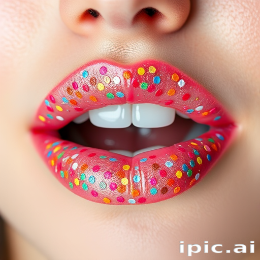 Playful confetti lips adorned with tiny multicolored specks on a clear gloss base, creating a festive and joyful appearance