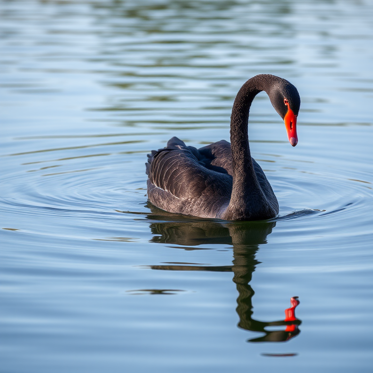A graceful black swan gliding on calm waters, captured with a DSLR camera at f/2.8 aperture, ISO 100, 50mm lens, in soft natural light, from a low angle to enhance reflections in the water.