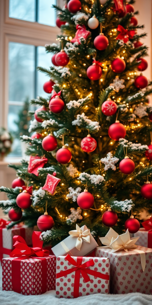 A beautifully decorated Christmas tree with red ornaments and twinkling lights, surrounded by wrapped presents in the snow, shot with a DSLR camera at f/2.8 aperture, ISO 100, 50mm lens, in soft focus with a warm color tone and low-angle perspective.