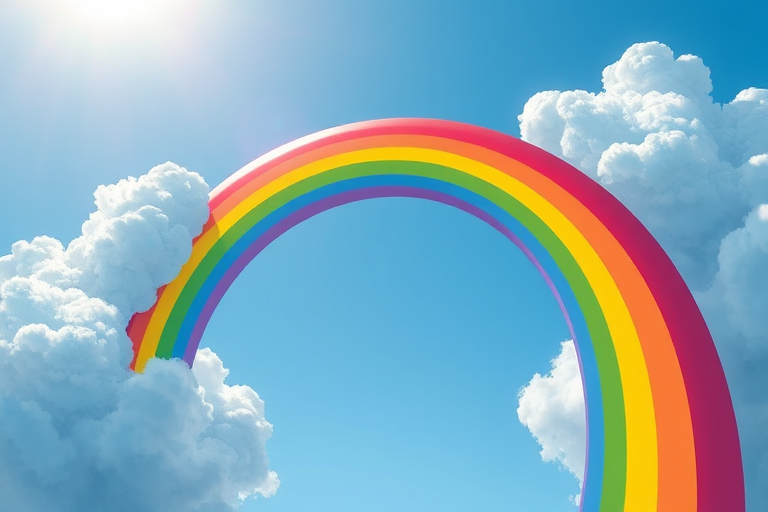 Generate a vibrant cartoon-style image of a rainbow with fluffy blue clouds on both sides, captured with a DSLR camera at f/8 aperture, ISO 100, 50mm lens, shot from a low angle with a bright, sunny backdrop for enhanced color saturation.