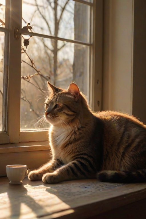 Warm, softly lit image of a cat lounging on a windowsill in the late afternoon sun, eyes half-closed, soft shadows of tree branches dancing on the floor, a cup of tea steaming on the table nearby, the distant sound of birds chirping outside the window.